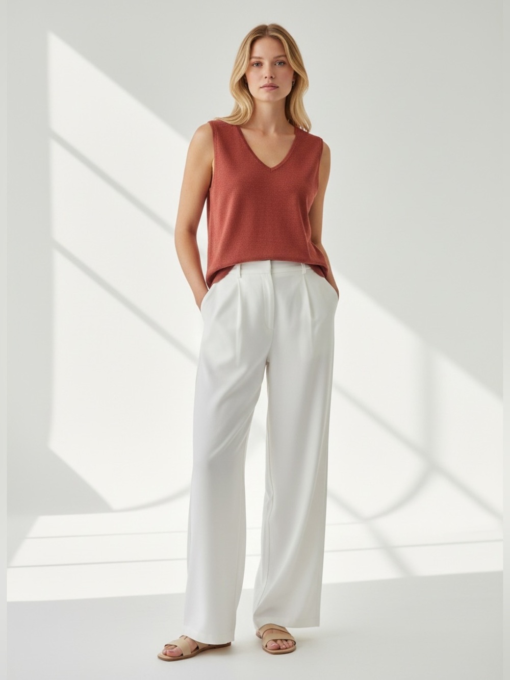 Chico's V-Neck Sleeveless Knit Sweater Tank in Brick Red